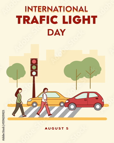 a professional flat vector of a modern city intersection with traffic lights and pedestrians, designed to promote International Traffic Light Day on August 5.