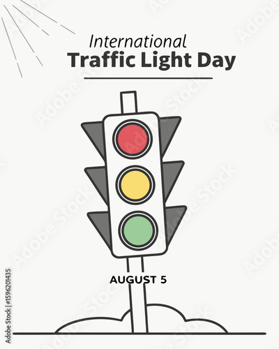 a clean and modern vector design showing a single glowing traffic light with International Traffic Light Day and August 5 text for awareness visuals or posters.