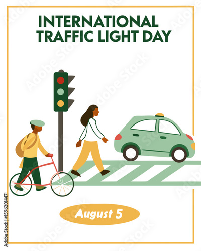 a clean vector showing people crossing the street safely under traffic light control, highlighting the message of International Traffic Light Day on August 5.
