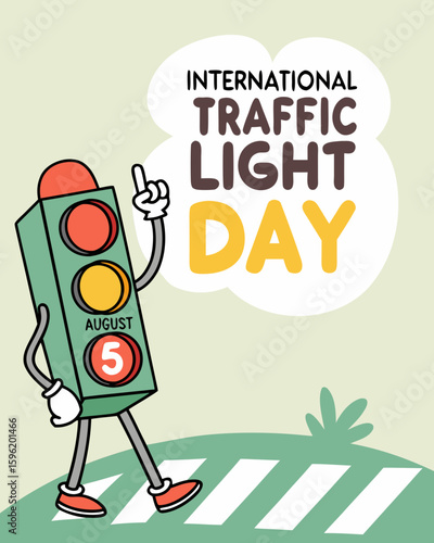 a cheerful vector of a cartoon traffic light holding a sign with “August 5”, designed for promoting International Traffic Light Day in fun educational media.
