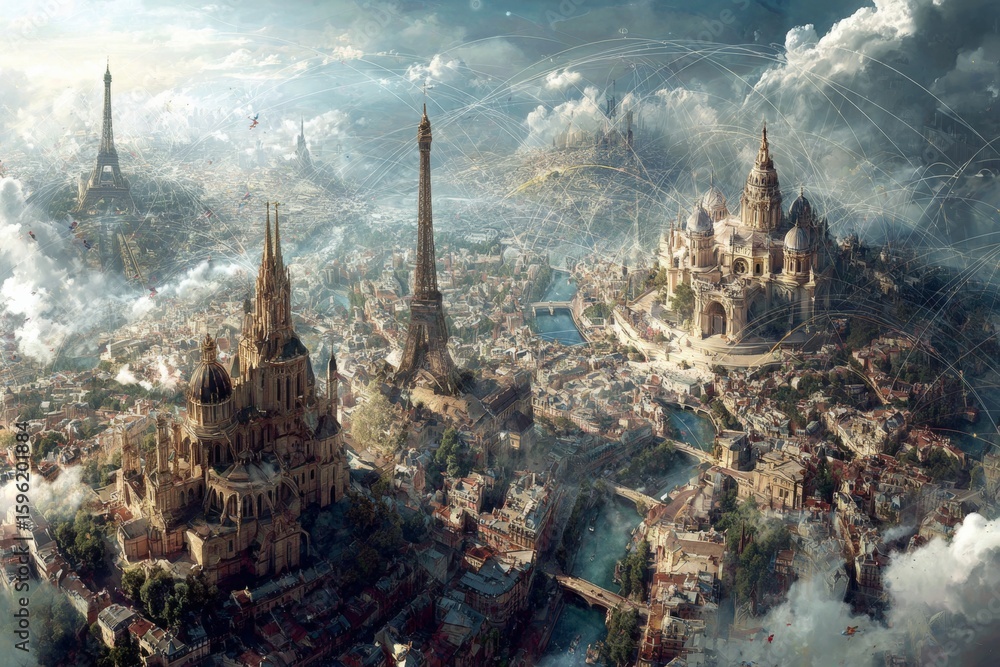 Fototapeta premium Trade networks and landmarks: visualizing eu-us diplomatic ties. Trade balance shift. Eu suspends tariffs on us goods seeking trade agreement by month's end. Trade war pause. Global trade news.