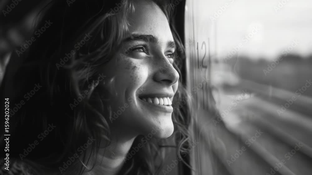 A woman gazes out the train window, lost in thought A woman gazes out the train window, lost in thought