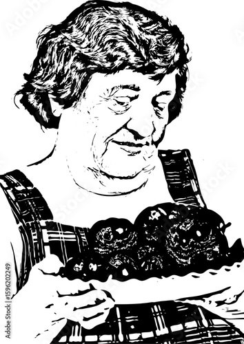 Elderly woman holding a plate wth tomatoes and cucumbers
