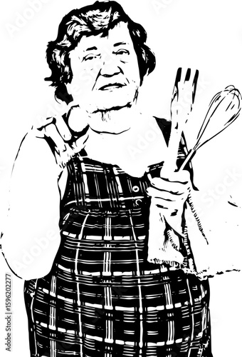 Elderly cook woman showing egg