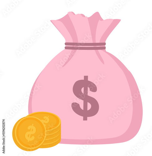 Pink money bag with dollar sign and two gold coins.