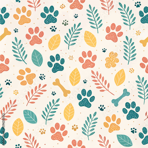 Seamless pattern with paw prints and bones in teal, coral, and mustard yellow