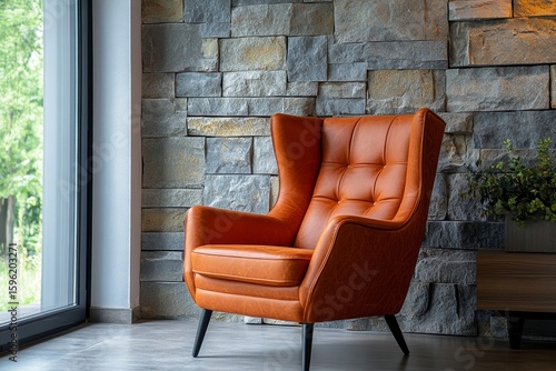 Orange leather wing chair placed against a stone wall. Rustic minimalist home interior design for a modern living room, Generative AI