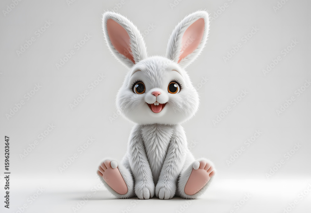 Fototapeta premium Adorable 3D cartoon bunny plush toy sitting and smiling, with a soft and realistic texture on a clean white background.