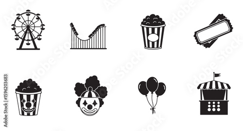 Black and white carnival amusement park icons representing fun and entertainment