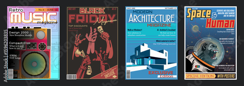 Fake Magazines Cover Set, Space and Human, Retro Music, Black Friday, Modern Architecture Special Editions, Vector Templates for Posters, Covers, Illustrations