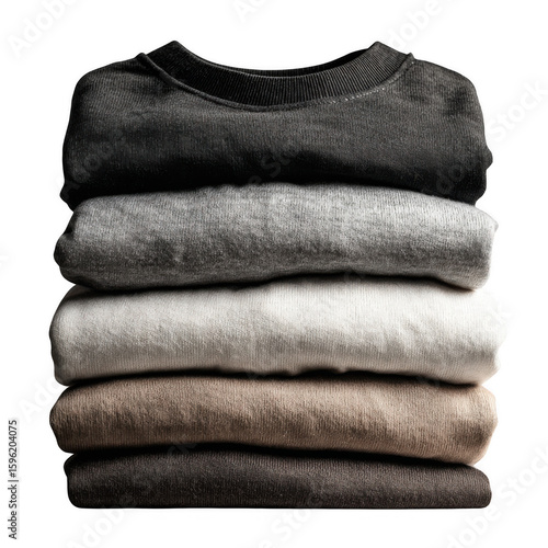 Set of pile stack group of folded blank black grey gray white tee t shirt sweater round neck on white and transparent background