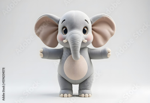 A full-body 3D cartoon illustration of an adorable, fluffy elephant doll standing with open arms, ready for a hug on a white background.