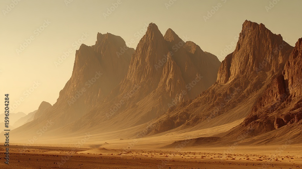 Fototapeta premium Arid landscape featuring sharp, jagged mountains with a hazy, desert-like ground