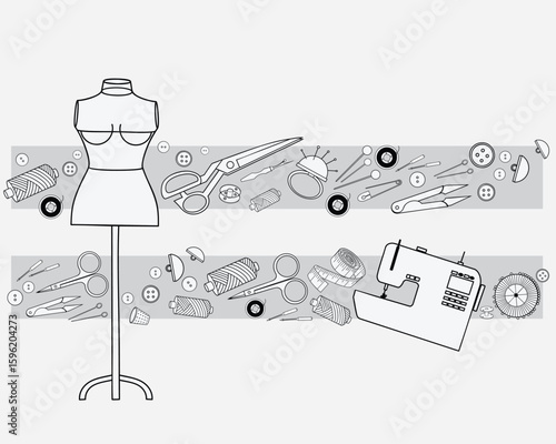 Sewing kit. Isolated on white background. Vector illustration. Hand drawn needlework tools.