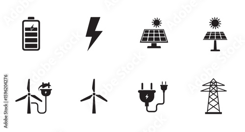 Black icons illustrating energy production and consumption for renewable power sources