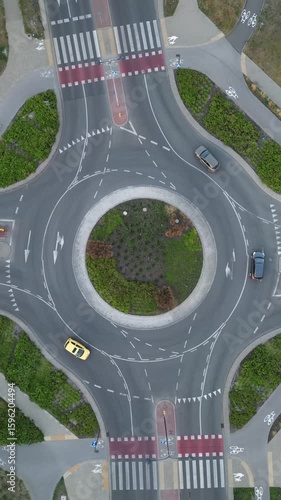 vertical aerial view of roundabout and traffic
