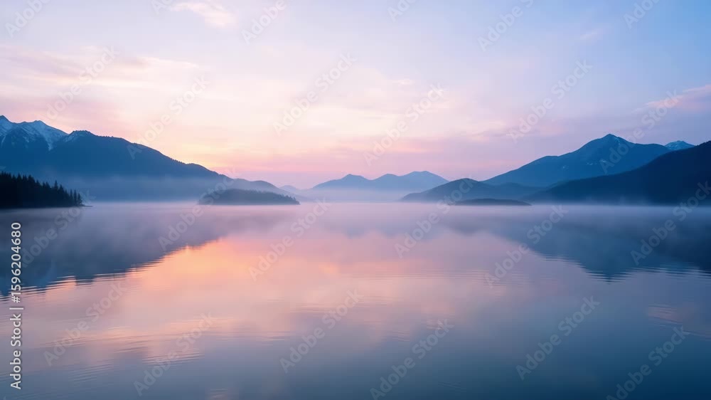 Sunrise over a tranquil lake, with morning mist, mountains, and a clear sky reflecting in the calm water Sunrise over a tranquil lake, with morning mist, mountains, and a clear sky reflecting in the calm water