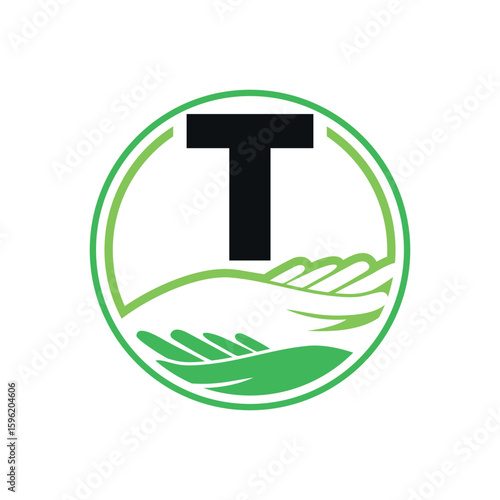 T Letter With Hand Care Symbol Logo