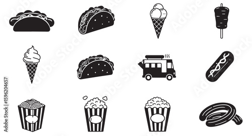 Collection of black and white icons illustrating delicious street food and fast food snacks