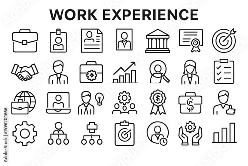 A collection of solid black icons for work experience and career