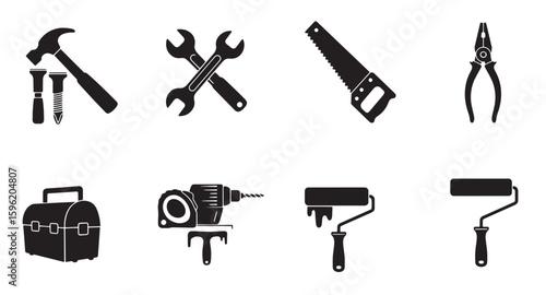 Collection of black and white silhouetted construction tools and equipment for building and repair