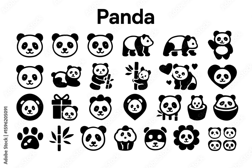 A collection of solid black icons for pandas, animals, and nature