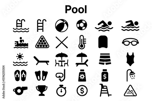 A collection of solid black icons for swimming pools and recreation