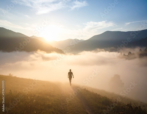 A lone figure walks along a path through a misty valley towards the rising sun, with mountains in the background.