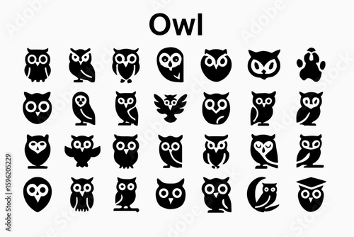 A collection of solid black icons for owls, wisdom, and animals