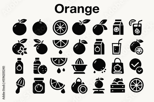 A collection of solid black icons for oranges, fruits, and food