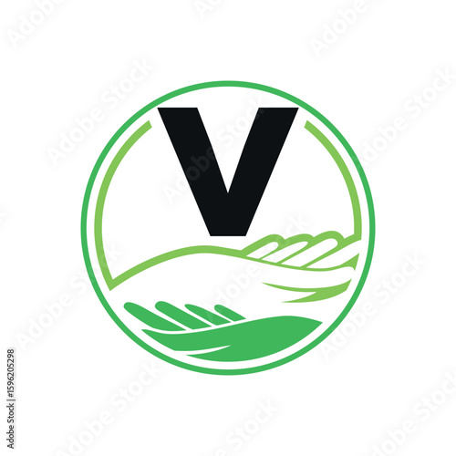 V Letter With Hand Care Symbol Logo