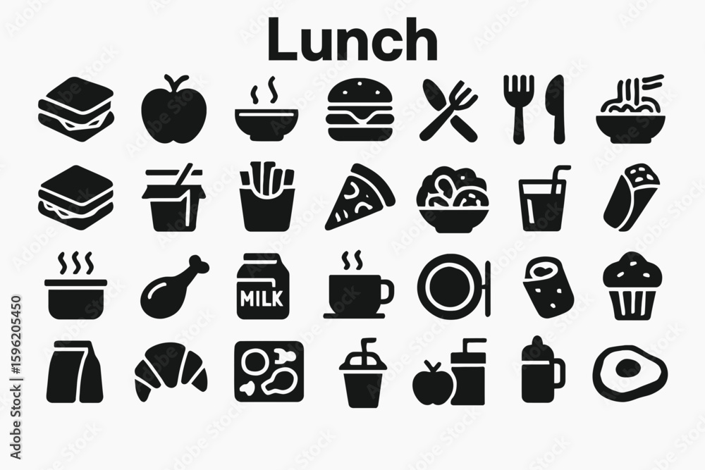 A collection of solid black icons for lunch, food, and dining A collection of solid black icons for lunch, food, and dining