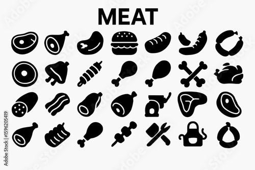 A collection of solid black icons for meat, food, and dining
