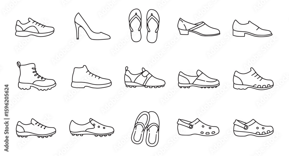 Obraz premium Collection of minimalist black and white line art illustrations of different shoe styles