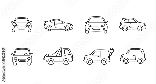 Collection of outlined car icons depicting different vehicle types and styles for design projects