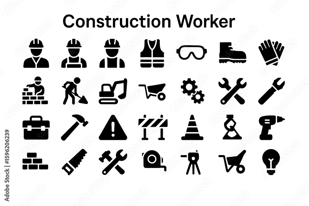 Fototapeta premium A collection of solid black icons for construction workers and labor