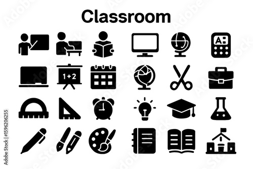A collection of solid black icons for classrooms and education