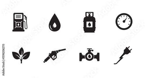 Collection of simple black icons representing energy resources and environmental concepts