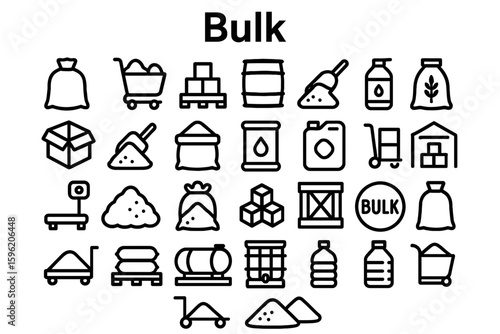 A collection of solid black icons for bulk, quantity, and mass