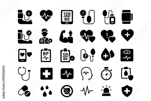 A collection of solid black icons for blood pressure and healthcare
