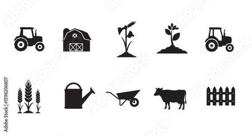 Illustrated collection of farm icons depicting farming tools and rural agricultural elements