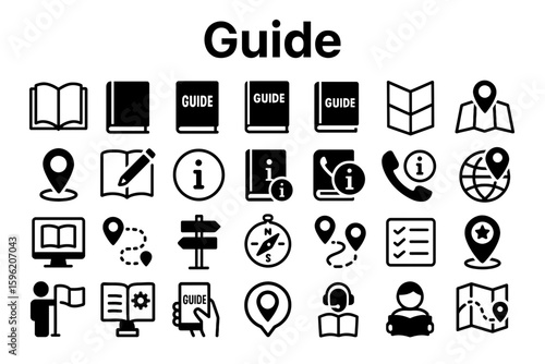 A collection of solid black icons for guides, tours, and directions
