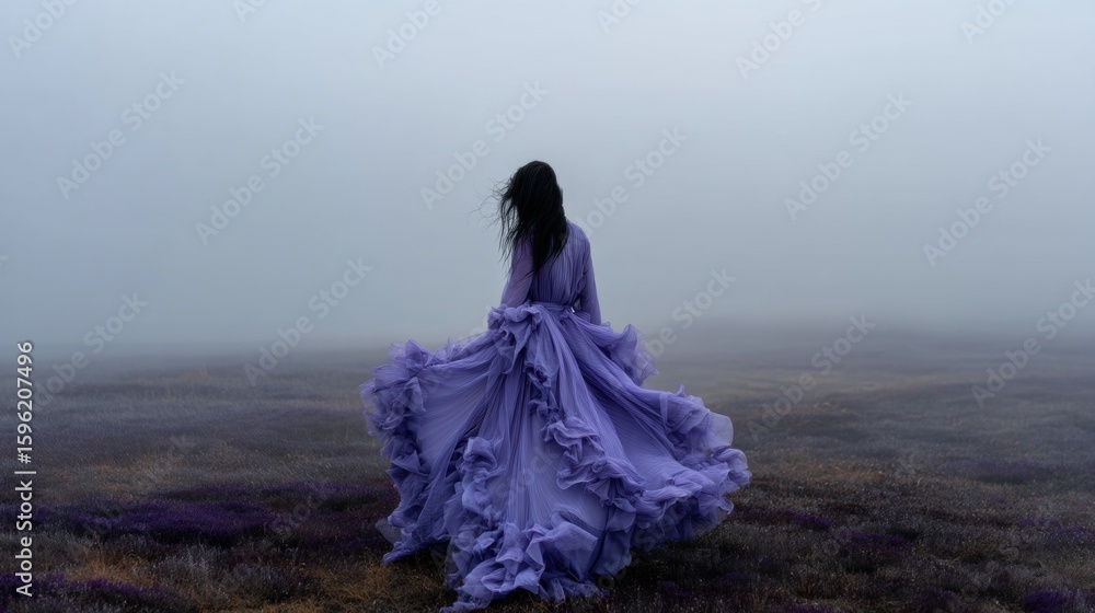 Woman standing in a field of purple flowers. she is wearing a long, flowing purple dress with a high neckline and long sleeves. Woman standing in a field of purple flowers. she is wearing a long, flowing purple dress with a high neckline and long sleeves.