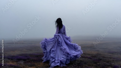 Woman standing in a field of purple flowers. she is wearing a long, flowing purple dress with a high neckline and long sleeves.