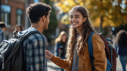 students happily greeting each other on the first day of school