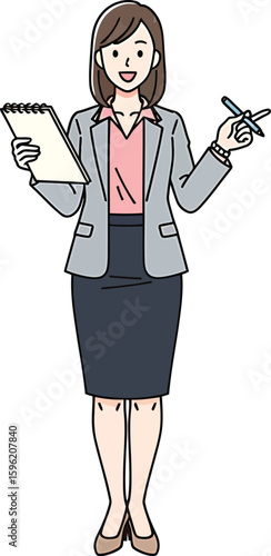 Smiling businesswoman holding a notepad and pen, gesturing with her right hand.