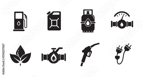 Set of black and white icons depicting energy sources and sustainability in silhouette
