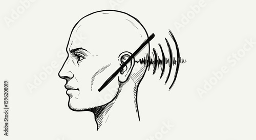 Vintage ink sketch of deafness and silence concept with crossed-out ear and sound waves failing to reach the ear, black and white vector engraving illustration

