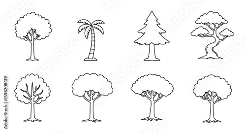 Simple black and white illustrated collection of various tree types and styles