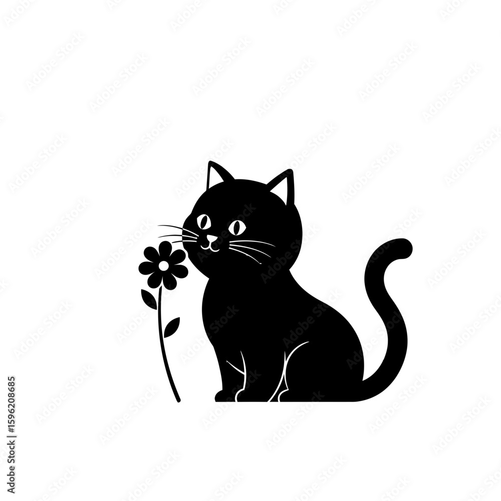 Obraz premium Black cat with a flower standing in white background silhouette